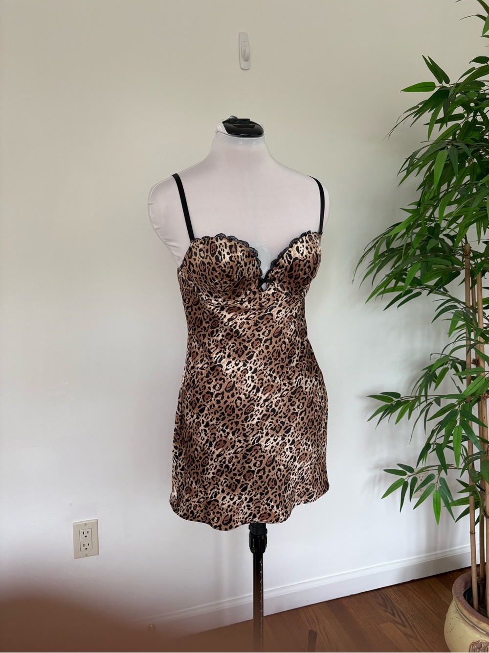 Victoria's Secret Leopard Print Satin Chemise with Black Trim